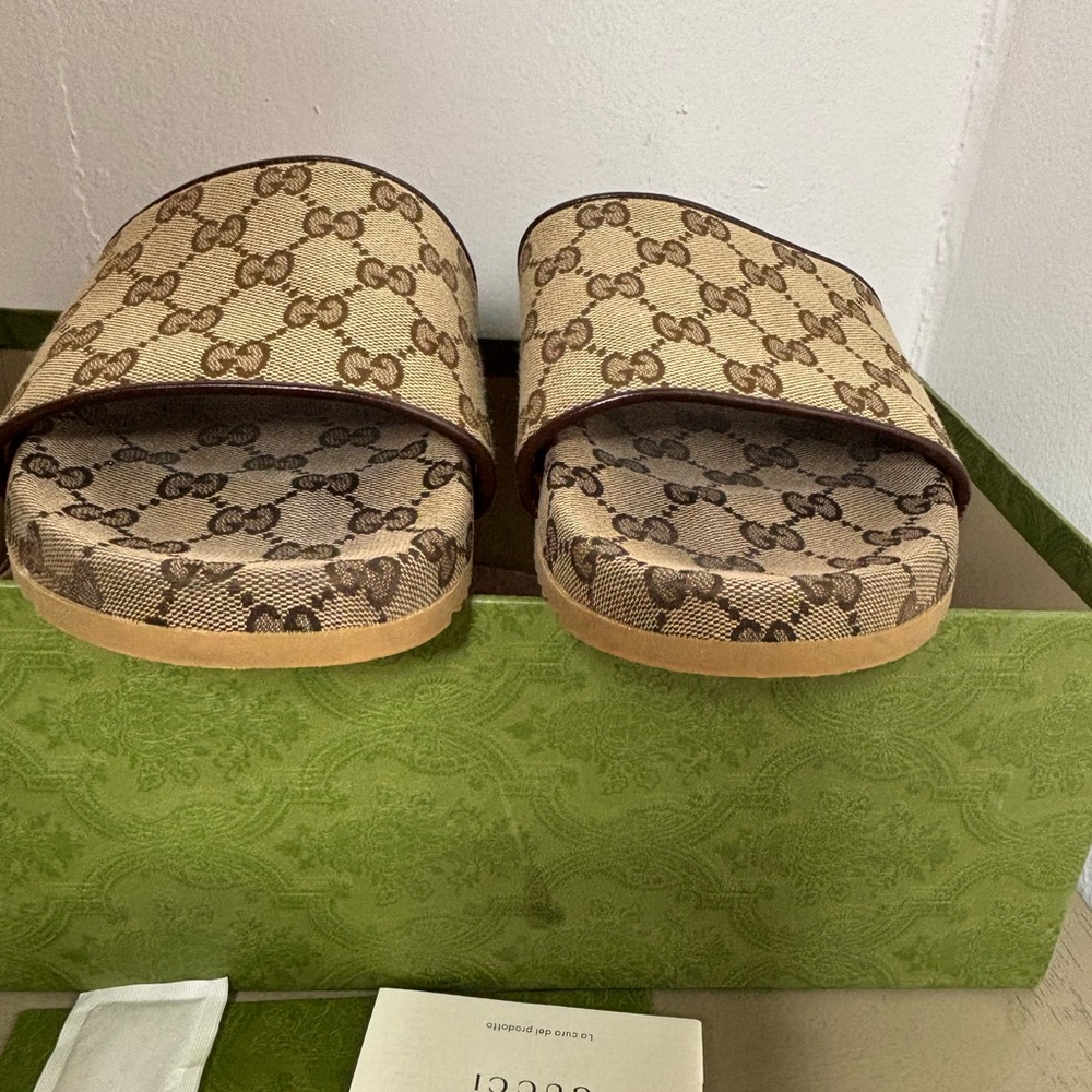 Gucci Beige and Brown Monogram Slides - Picture 9 of 12